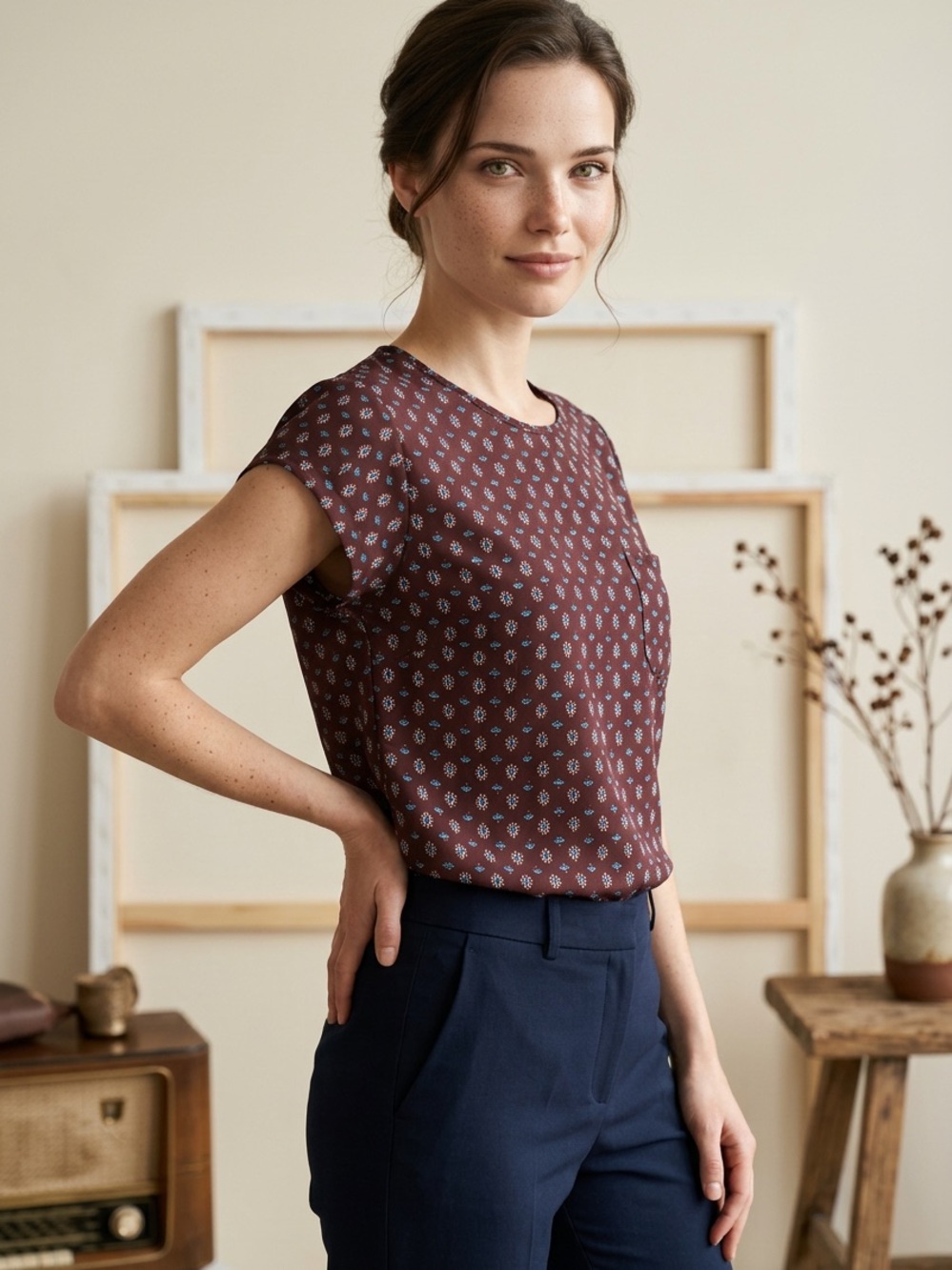 Lily White Maroon Floral Cap-Sleeve Blouse
